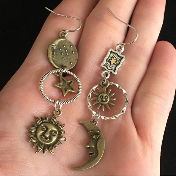Celestial Sun Moon Face Retro Bohemian Style Dangle Earrings - Picture 1 of 7